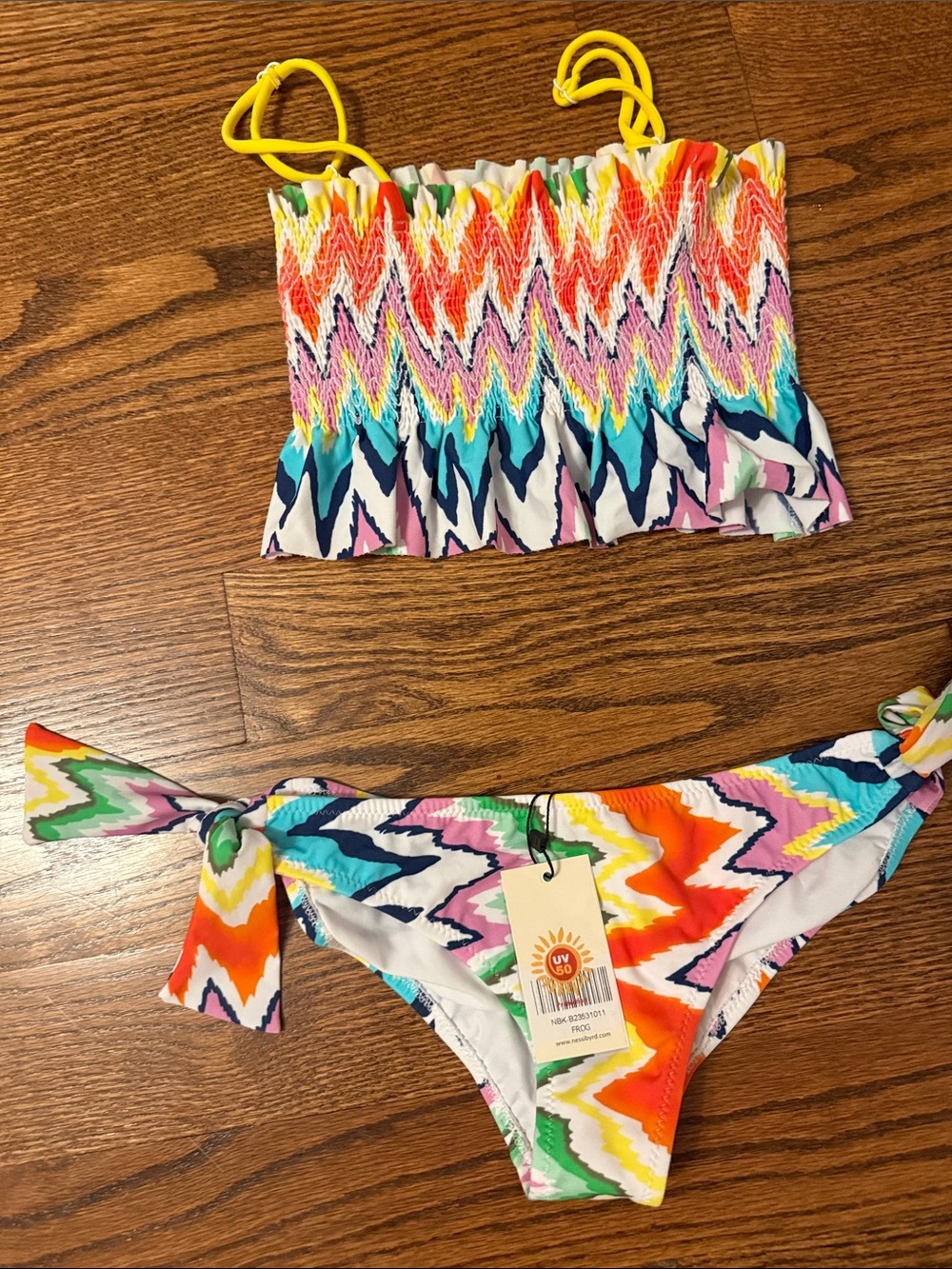 Girls' Multi-Color Zigzag Smocked Bikini Top & Tie-Side Bottom - Yellow Strap